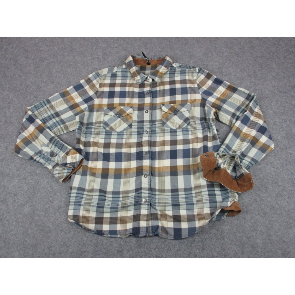 Kuhl Shirt Medium Beige Blue Tess Plaid Flannel Button Up Corduroy Trim Snap